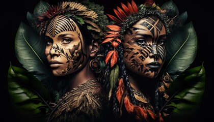 Warriors of the Amazon: Indigenous Women Posing with Ritual Body Painting and Bows.
Generative AI.