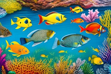 Fototapeta premium Watercolor Illustration of Colorful tropical fish swimming in ocean. Generative AI
