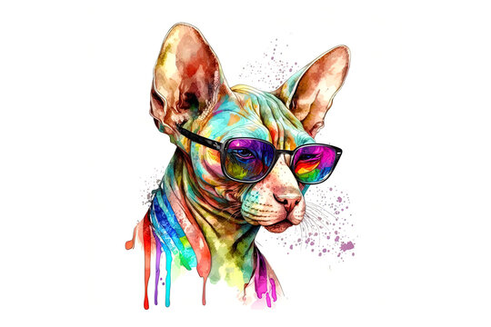 recommend clip art: cat canadian sphynx wearing dark glasses painted with colored watercolors isolated on a white background. AI generated