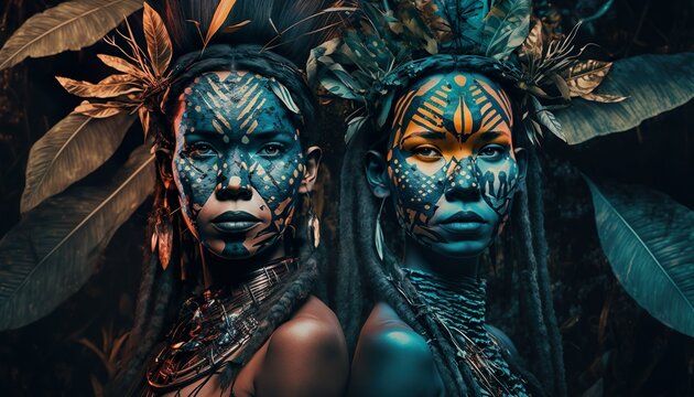 Warriors of the Amazon: Indigenous Women Posing with Ritual Body Painting and Bows.
Generative AI.