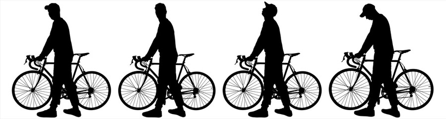 The guy stands motionless and holds the handlebars of a bicycle in his hands. The man with the bike looks around and turns his head. Side view. Four black male silhouettes isolated on white background