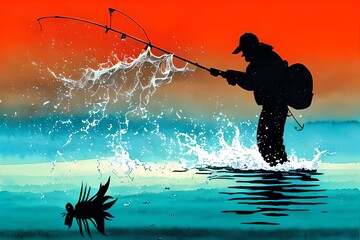 Watercolor Illustration of Fisherman with fishing rod in his hands caught a fish silhouette. Generative AI