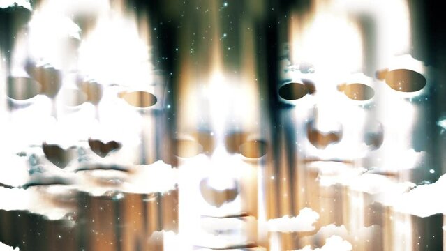 Surreal faces float among clouds