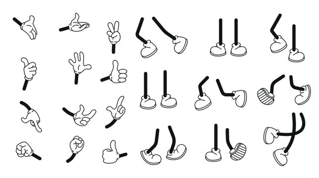 Cartoon vector walking feet in trainers or sneakers on stick legs in various positions