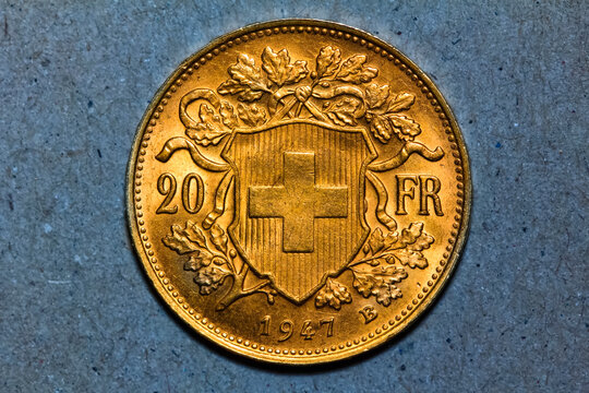 Swiss 20 Francs Vreneli gold coin from 1947 showing Helvetia