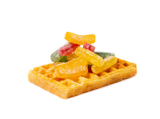 Belgian Waffle with Rainbow Gummy Candy Pile Isolated, Square Waffled Cookie, Soft Golden Belgium Waffles