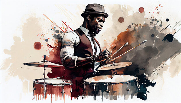 M&uacute;sico afroamericano tocando la bater&iacute;a - Ilustraci&oacute;n IA