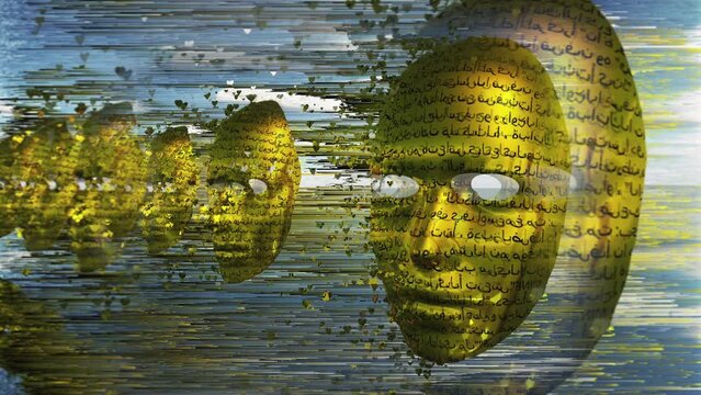 Surreal faces with text hovers in the sky