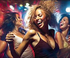 Illustration of girls dancing happily in a discotheque with colored lights in the background. - obrazy, fototapety, plakaty