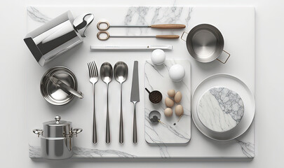  a white table topped with silverware and utensils.  generative ai