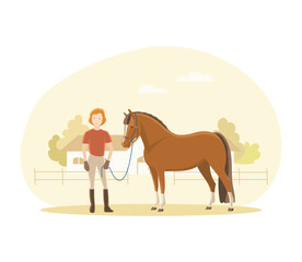 Girl and a pony are standing in front of the stable
