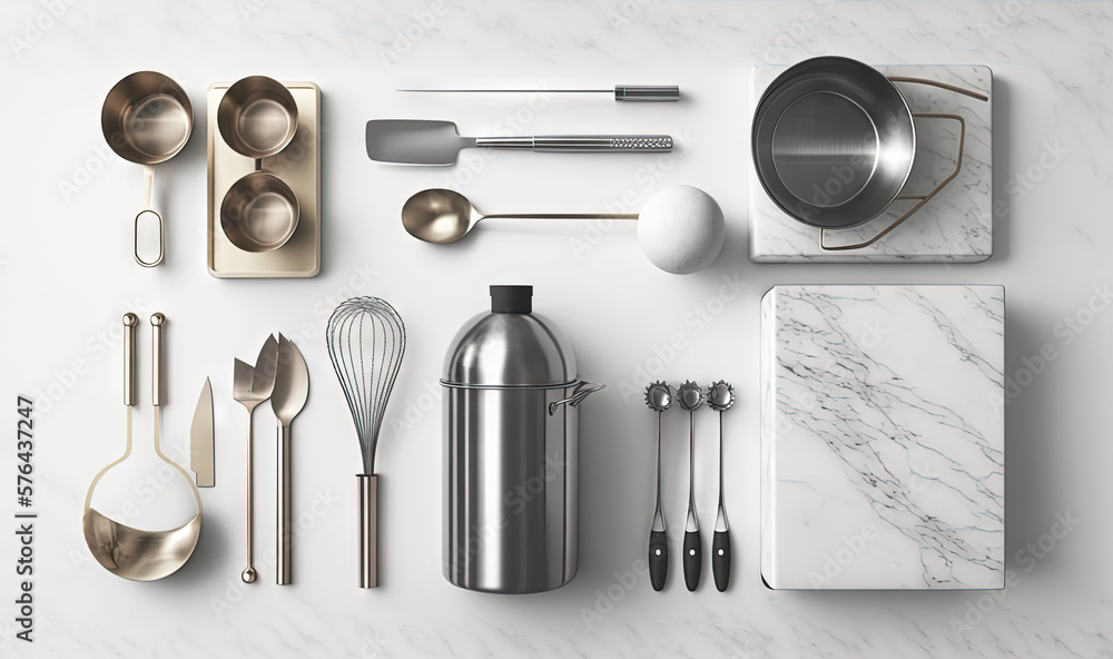 Poster a white table topped with silverware and utensils. generative ai
