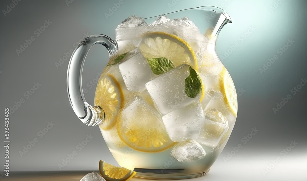 Aufkleber a pitcher filled with ice and lemons on top of a table. generative ai