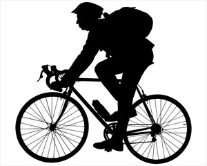 A guy in a protective sports helmet with a backpack behind his back rides a bike. Cyclist on a bicycle. A ride on the bicycle. A man with a bike. Side view. Black color silhouette isolated on white