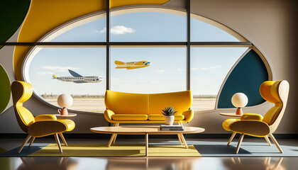 business class boarding lounge interior comfortable yellow leather chairs at the airport .Generative AI