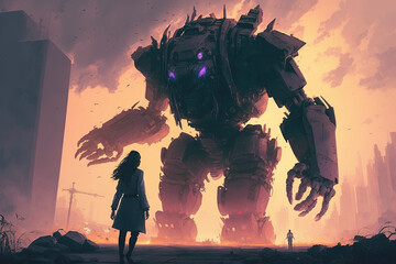 giant futuristic robot looking at woman