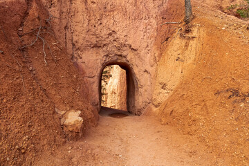 Obraz premium Queens Garden hiking trail going through a tunnel made of massive steep hoodoo sandstone rock formations in Bryce Canyon National Park, Utah, USA. Barren landscape in natural amphitheatre in summer