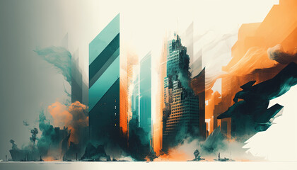 Spectacular watercolor painting of an abstract urban