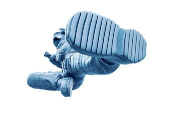 astronaut is doing a fly kick in karate pose