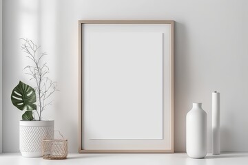 Obraz na płótnie Canvas Interior Design Mockup: White Frame, Minimal Boho Style. Photo generative AI