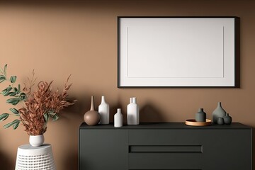 Black frame on brown wall in modern room. Contemporary style mockup. Free copy space. Sideboard, vase, plant. Photo generative AI