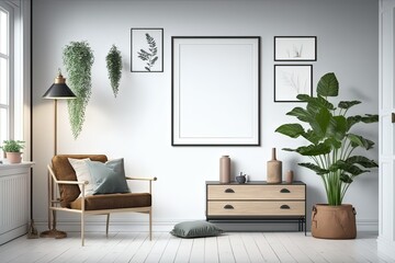 Interior Design: Scandinavian Living Room with Mockup Frame. Photo generative AI