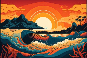 Fototapeta na wymiar Sunset landscape boho 70's style retro graphic design, blue water ocean waves with abstract vintage art illustration, orange sun color gradient Generative AI