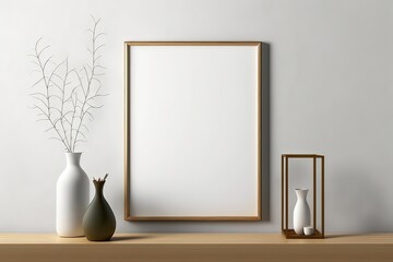 Fototapeta na wymiar White wall shelf with wooden poster frame, vases home decor. Living room interior. Photo generative AI