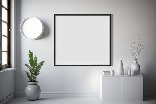 Interior Design Mock-up Artwork: White Frame on Wall, Minimalism Boho Rustic Style, Blank Template for Painting/Poster. Photo generative AI