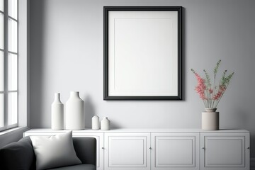 Fototapeta na wymiar Interior Design Mock-up Artworks: White Frame on Grey Wall, Wooden Sofa, Minimalism, Rustic Style, Empty Copy Space. Photo generative AI