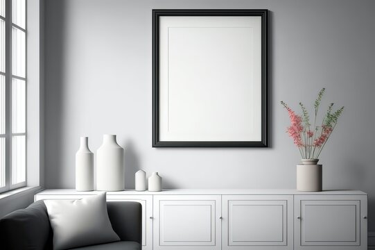 Interior Design Mock-up Artworks: White Frame on Grey Wall, Wooden Sofa, Minimalism, Rustic Style, Empty Copy Space. Photo generative AI
