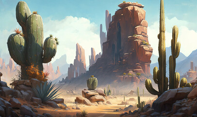  a painting of a desert scene with rocks and cactus trees.  generative ai