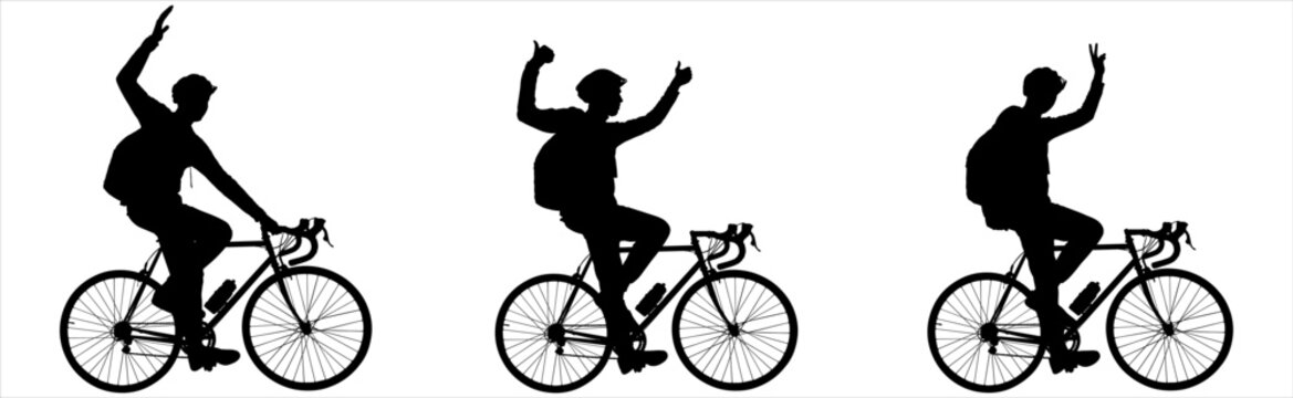 A Group Of Cyclists. A Man On A Bicycle Raised His Hand And Shows A Gesture. A Guy In A Protective Helmet, With A Large Backpack On His Back, Rides A Bicycle. Side View. Black Male Silhouette Isolated