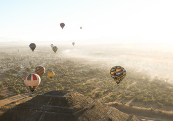 Hot Air Balloons at Sunrise over Teotihuacán in Mexico