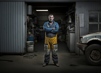 Portrait of a mechanic in front of a car repair shop. Man's arms crossed. Generative Aid