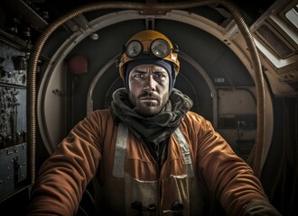 Naklejka premium Portrait of a young caucasian man from ship crew. Concept of repairman, worker man in the tanker ship. Generative AI.