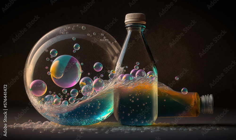 Poster a bottle of liquid and a bottle of soap on a table. generative ai