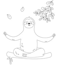 Cute happy sloth practicing yoga exercise. Outline clipart vector. Coloring book activity. Worksheet for kids. © BrisceDesigns