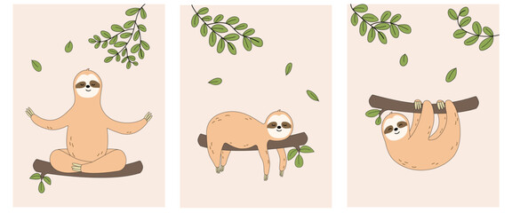 Set of cute solth vector. Lazy animal characters. Sloth bears hanging on the tree. Cartoon cute sloth bear. Illustration for nursey design, poster, greeting, birthday card, baby shower. Hand drawn. © BrisceDesigns