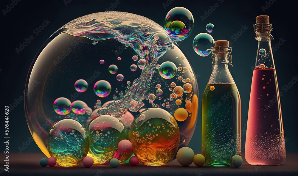 Poster a group of bottles with bubbles in them and a bottle with a liquid inside. generative ai