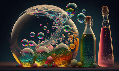  a group of bottles with bubbles in them and a bottle with a liquid inside.  generative ai