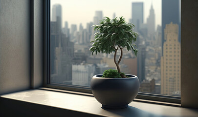  a potted plant sitting on a window sill in front of a window.  generative ai