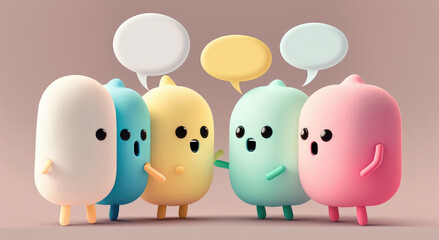 A pastel colorful group of cute characters with a speech bubble expressing their playful thoughts isolated white background. Generative AI - 576442268