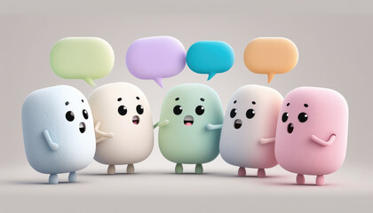 Four cute pastel colorful characters and their playful dialogue through speech bubbles isolated over white background. Generative AI