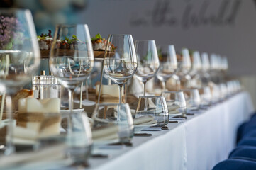 Glassware on a served table in a restaurant