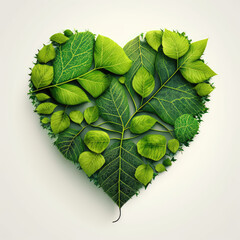 Green leaves in the shape of a heart. Creative concept take care of nature, save the planet, isolated on white background. 3d render illustration. Generative AI art.