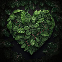 Green leaves in the shape of a heart. Creative minimal concept take care of nature, save the planet. 3d render illustration. Generative AI art.