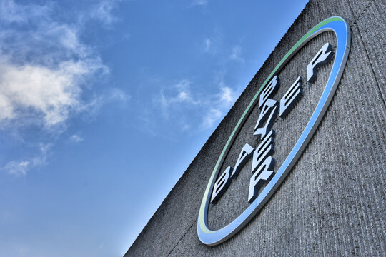 Low angle view of Bayer brand logo in Berlin