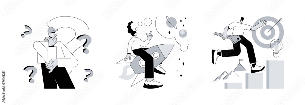 Poster brain activity abstract concept vector illustration set. thinking and imagination, problem solving, 