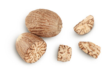 nutmeg isolated on white background with full depth of field. Top view. Flat lay